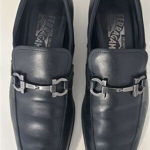 Salvatore Ferragamo Men's Dark Leather Loafers with Silver Buckle